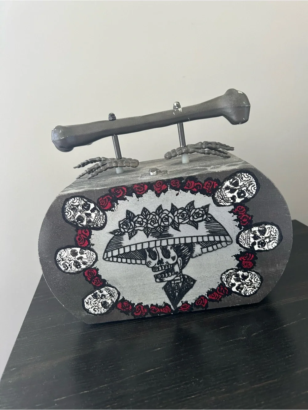 Hand-Painted Black Skull & Rose Evening Clutch with Pink and Red Accents
